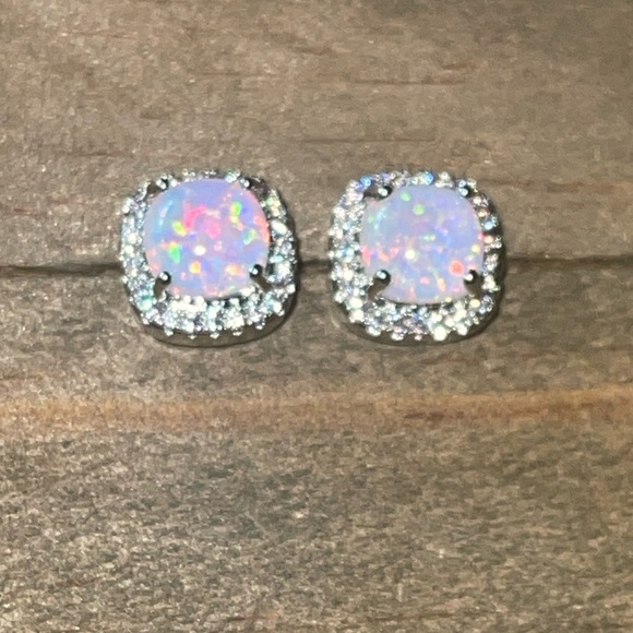 Simulated Fire Pink, Blue Opal, White Gold Plated, Cubic Zirconia Stud Earrings - Picture 6 of 12